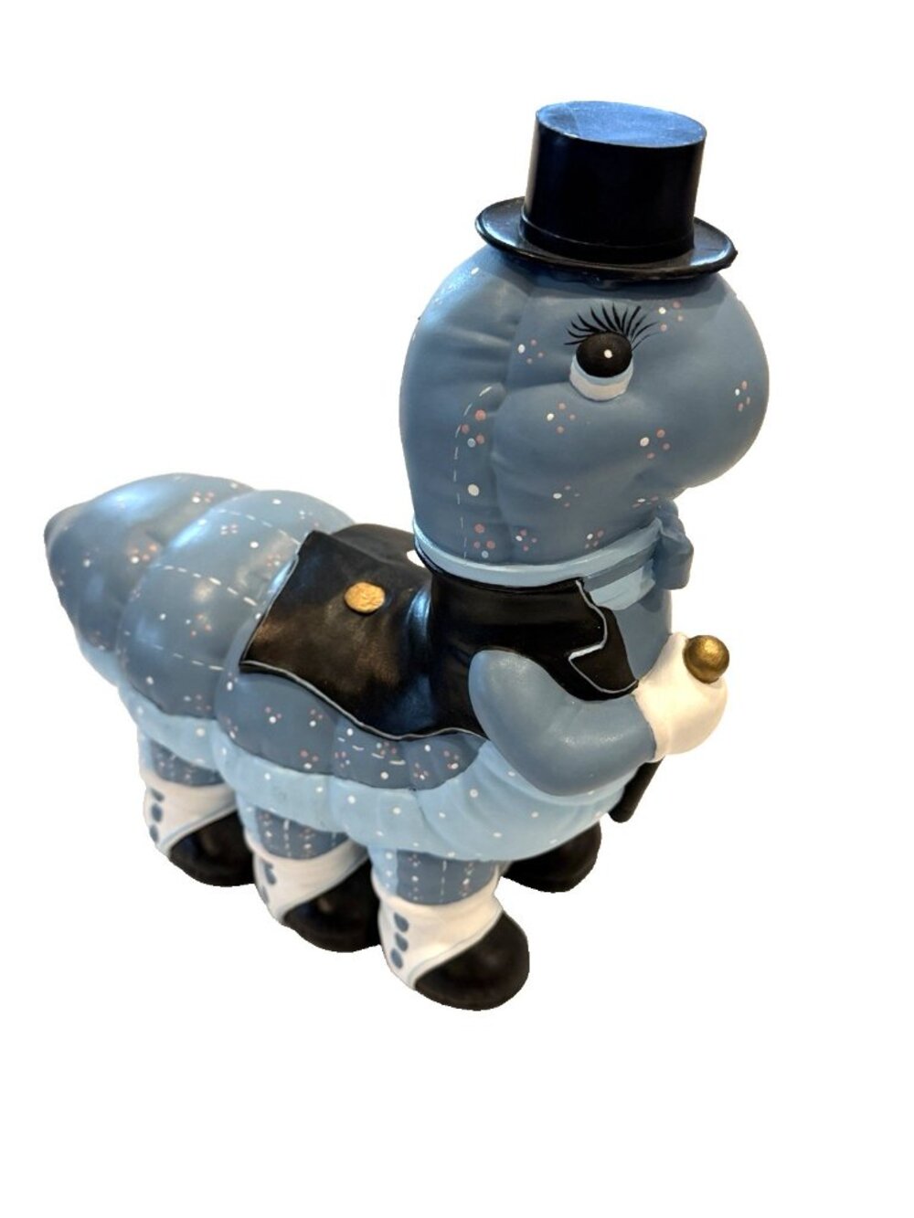Novelty Caterpillar with Top Hat Jacket Spats Stick Figurine Statue Blue Black